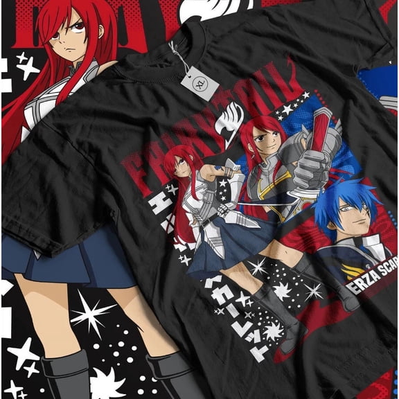 Reprint Rare Anime Erza Scarlet Fairy Tail Gray Fullbuster Graphic Black T-Shirt Size S-5XL