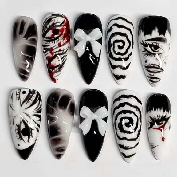 Anime Eye Press On Nails 30Pcs Almond Medium Length Glossy Fake Nails