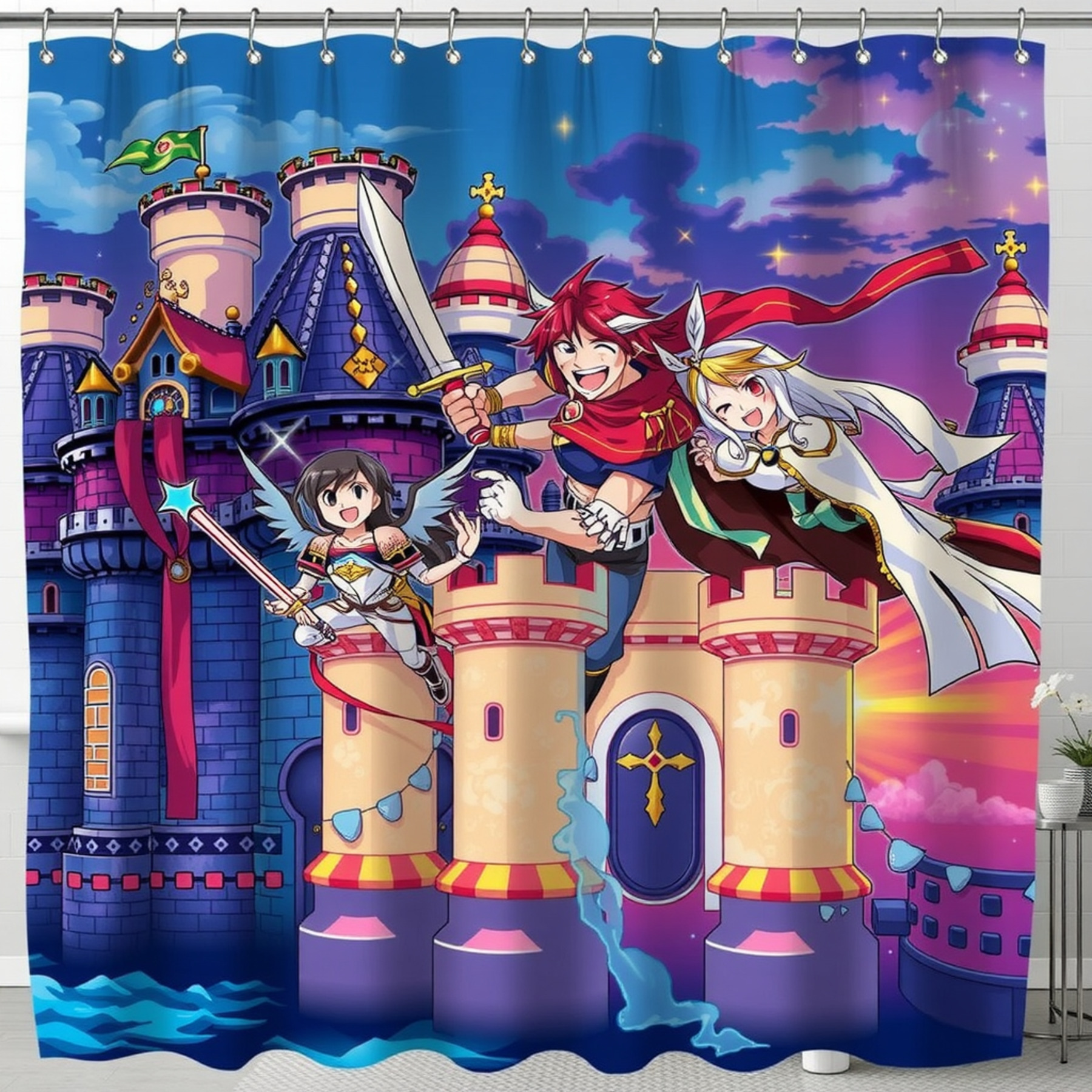 Anime Fantasy Shower Curtain - Red-Haired Hero Castle and Magical