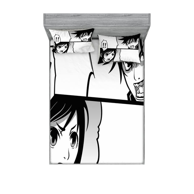 Anime Fitted Sheet & Pillow Sham Set, Japanese Comics Strip Boy and Girl Fight Scene Manga Image Cartoon Print, Decorative Printed 6 Piece Bedding Decor Set, Queen, Black White Grey, by Ambesonne