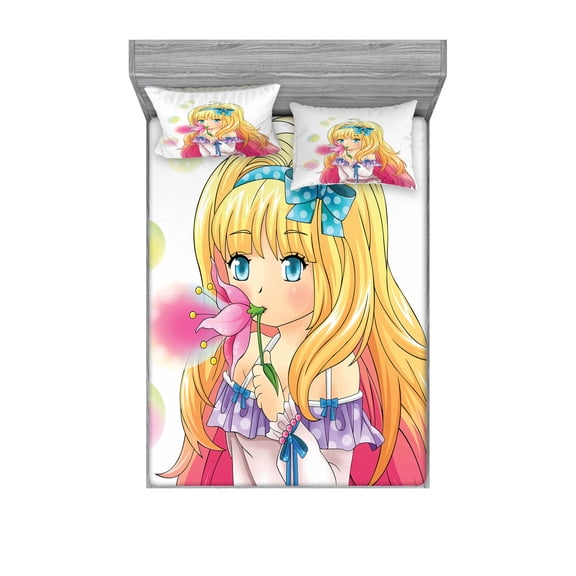 Anime Fitted Sheet & Pillow Sham Set, Manga Girl Blowing Bubbles from a Flower Japanese Cartoon Japan Art Print, Decorative Printed 6 Piece Bedding Decor Set, Queen, Pink Yellow, by Ambesonne