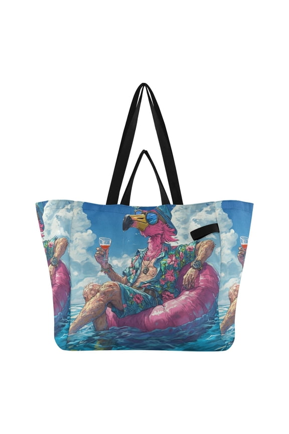Anime Flamingo Canvas Tote Bag Large Capacity Reusable Tote with Double Handles, Foldable Heavy Duty Shopping Beach Laundry Bag, 32L