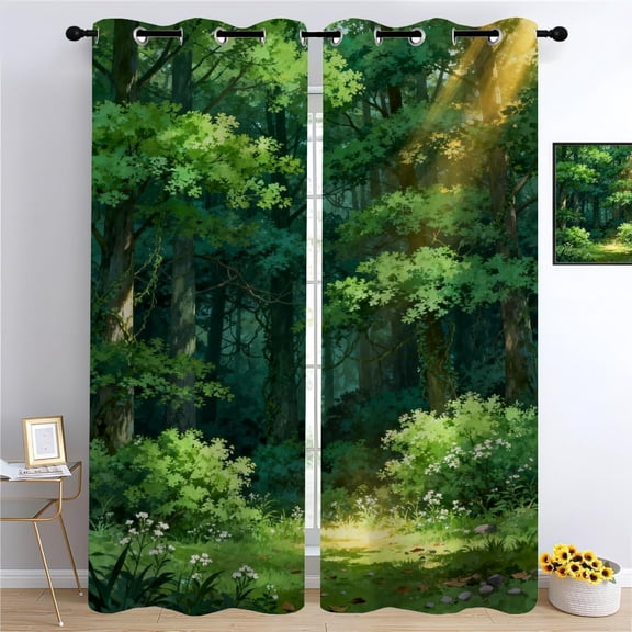 Anime Forest Curtains Sunlight Through Trees Blackout Drapes For Teens Perfect For Animation Fans Light Blocking, Machine Washable, Fun Decor 2 Panel Curtain-42"W x 45"L (Pack of 2)