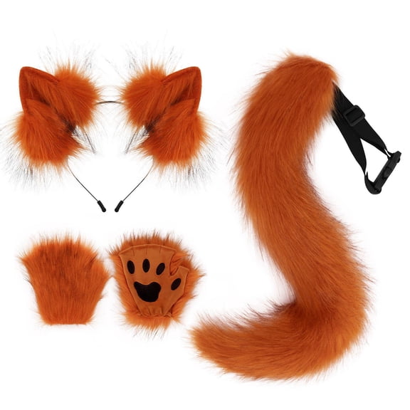 Anime Fox Wolf Ears Headband Furry Tail,Fursuit Therian Plush Cat Paws Gloves Halloween Party Costumes Accessories