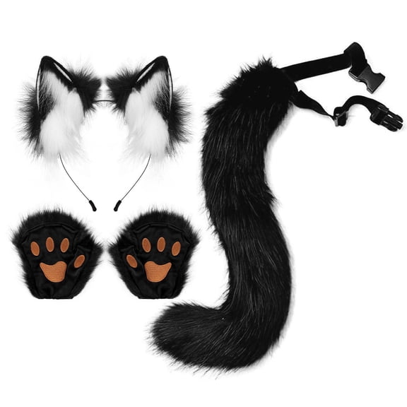 Anime Fox Wolf Ears Headband Furry Tail,Fursuit Therian Plush Cat Paws Gloves Halloween Party Costumes Accessories