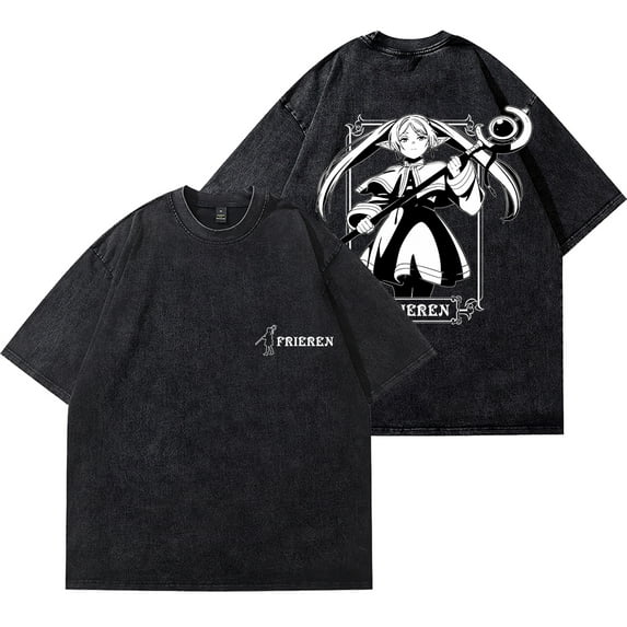 Anime Frieren Logo Vintage Wash T-Shirts Cosplay Women Men Fashion Short Sleeve Cotton Tee