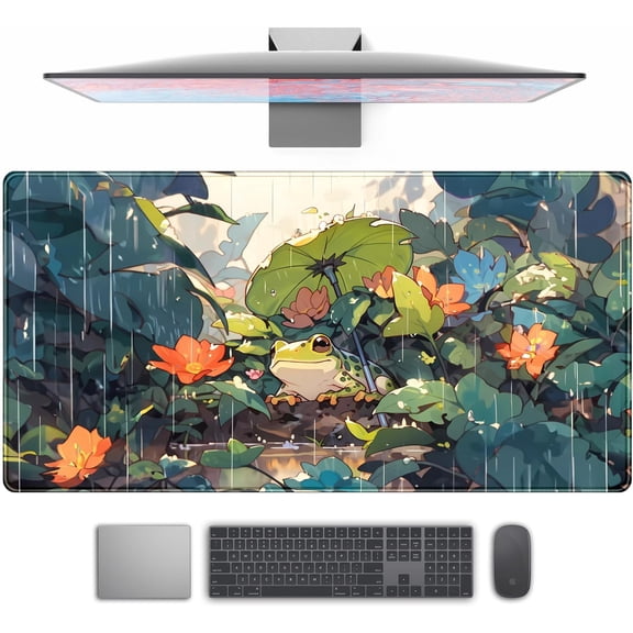 Anime Frog Mouse Pad Desk Mat Cure Frogs On Rainy Days Green Desk Decor Mat, Large Gaming Mouse Pad for Desk Computer Keyboard Laptop, Desk Decor Home Office Accessories for Girl with Stitched Eges