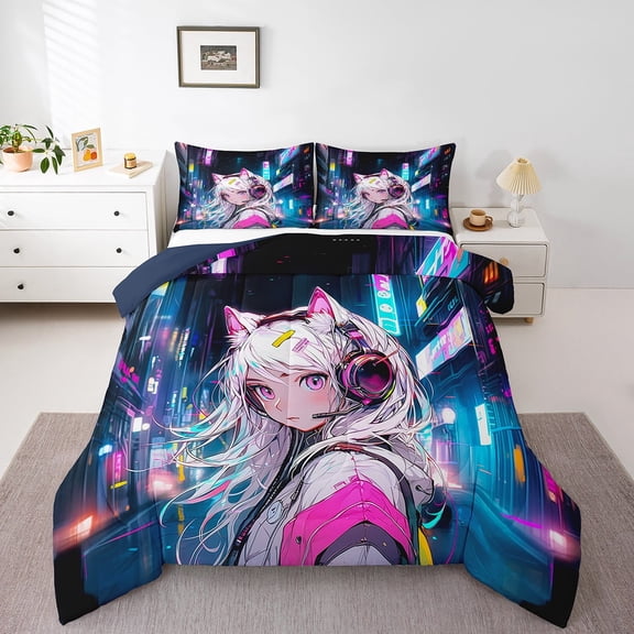 Anime Full Bedding Set,Japanese Style 3D Anime Comforter Set Room Decor,Sci Fi Style Gaming Quilt Bed Set Hot Pink Colorful Bed Comforter Set 3Pcs