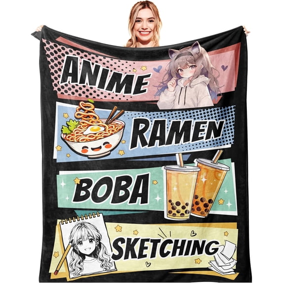 Anime Gifts Blanket 40"x50" for Girls Boys Kids Teens, Warm Cozy Anime Blanket, Kawaii Animes Decor Stuff, Animes Lover Gifts for Men Women, Kawaii Ramen Boba Sketching Lovers Gift Throw