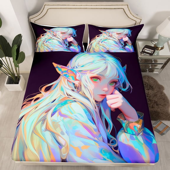 Anime Bed Sheets 3D Japanese Bedding Set Kawaii Girly Fitted Sheet with Deep Pocket, Anime Lovers Gifts Fitted Bed Sheets Soft Lightweight Sheets for All Season, Twin 2Pcs