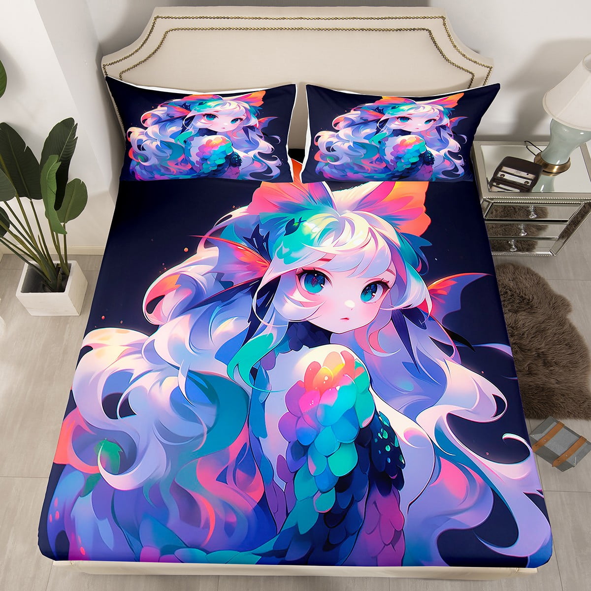 Anime Girl Bed Sheets 3D Japanese Bedding Set Kawaii Girly Fitted Sheet