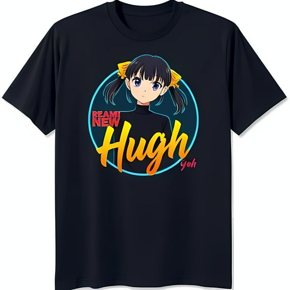 Anime Girl Black T-Shirt with Long Hair & Yellow Ribbons Hugh Design