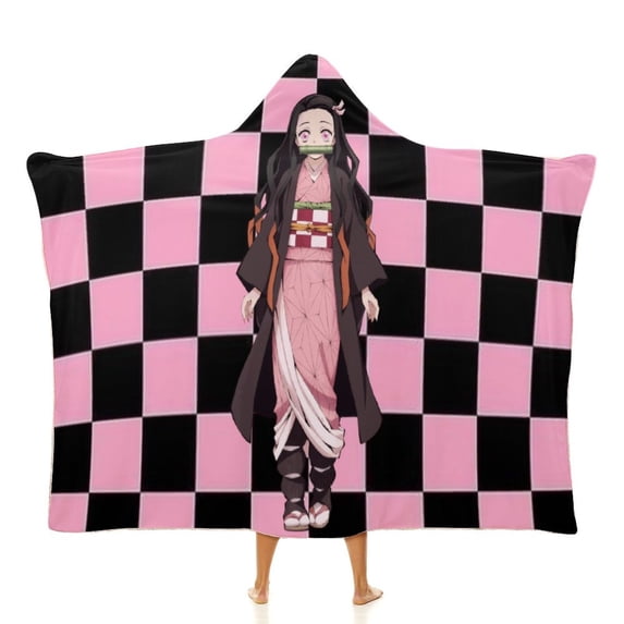 Anime Girl Checkered Print Hooded Blanket, Wearable Fleece Throw, Cozy Hoodie Blanket for Fans, 4 Sizes