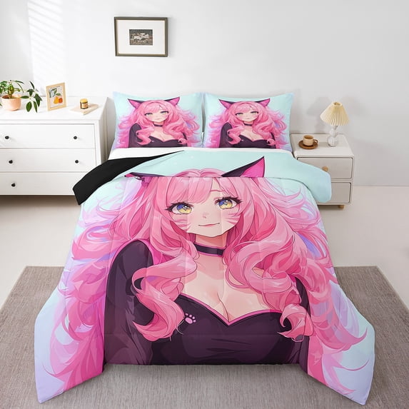 Anime Comforter Set 3D Anime Bedding in Furry Ears and Pink Hair Kawaii Bedding Comforter Sets, Cute Cat Aesthetic Art Duvet insert y Lady Moe Kawaii Room Decor, Twin 2Pcs