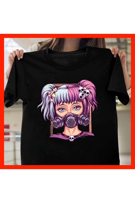 Anime Girl Gas Mask T-Shirt, Edgy Streetwear Graphic Tee, Cyberpunk Aesthetic Apparel T674, for men and women, Extended Sizes Up to 5XL