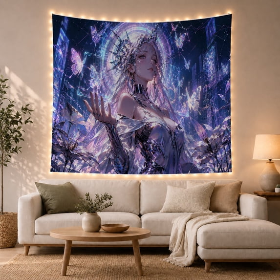 Anime Girl with Glowing Butterflies Against Cyberpunk Cityscape Dreamy Digital Art for Anime Fans, Mystical Wall Decor, Birthday Gift, Tapestry Wall Hanging for Bedroom and Gaming Room