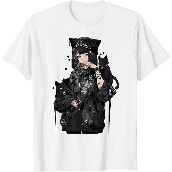 Anime Girl Goth Waifu Japanese Kawaii Cat Softstyle Unisex T-Shirt,White Color,Size XL