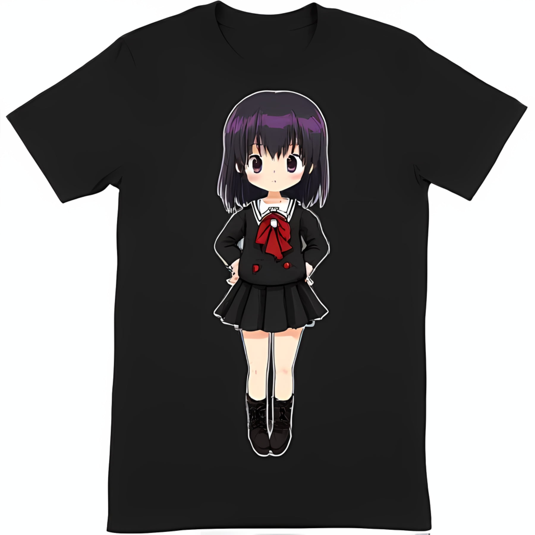 Anime Girl Graphic Black T-Shirt Colorful Design with Long Black Hair & Blue Eyes School Style