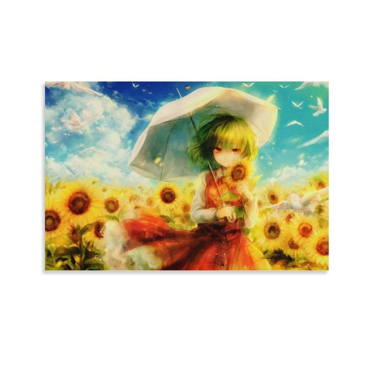 Anime Girl Holding An Umbrella Standing in The Sunflowers Canvas