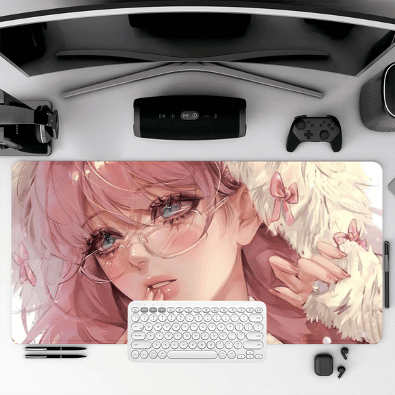 Anime Girl Mouse Pad 35.4 x 15.8 Inches Rubber Desk Mat with Pink Hair and Glasses Design for Office and Gaming