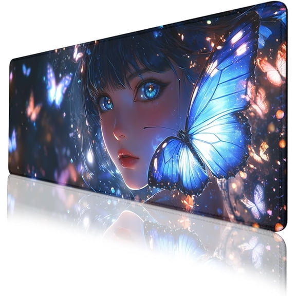 Anime Girl Mouse Pad Blue Purple Neon Butterfly Starry Night Extended Mousepad XXL Computer Laptop Keyboard Mouse Mat Big Aesthetic Desk Decor Pad 31.5x11.8 in