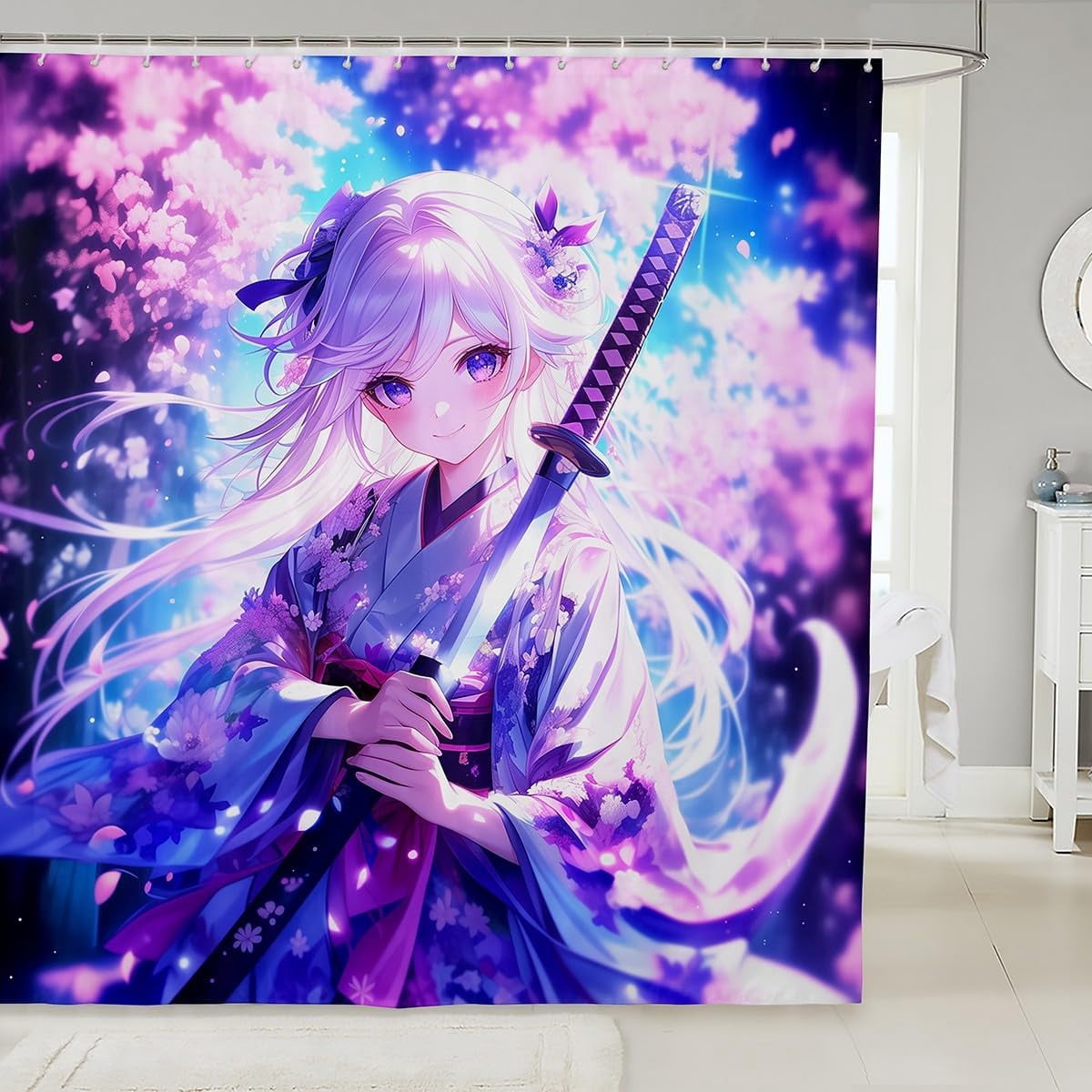 Anime Girl Shower Curtain with Cherry Blossom and Samurai Sword Purple ...