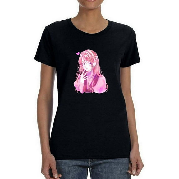 Anime Girl Shy W Heart T-Shirt Women -Image by Shutterstock, Female Large