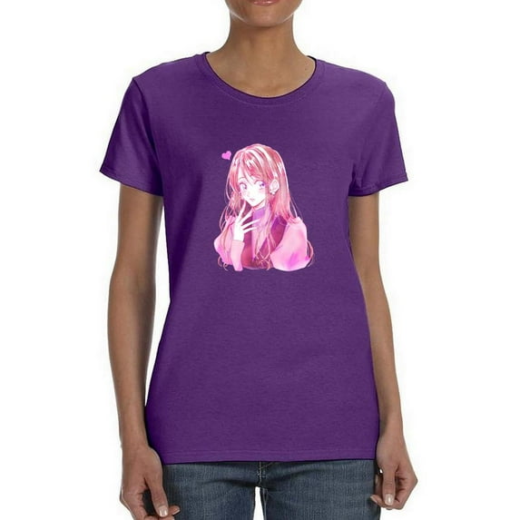 Anime Girl Shy W Heart T-Shirt Women -Image by Shutterstock, Female x-Large