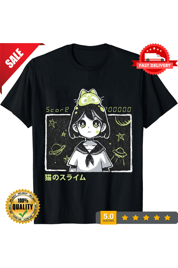 Anime Girl T-shirt - Kawaii Space Girl - Manga Harajuku Style - Chibi Cat Invader - Cute Space Girl - Retro Game, CROWD FAVORIT-TH78927