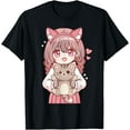 thumbnail image 1 of Anime Girl With Cat Kawaii Otaku Softstyle Unisex T-Shirt,Black Color,Size YXL, 1 of 5