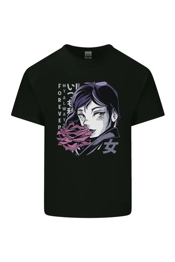 Anime Girl With Flowers Cute Japanese Cartoon Floral Graphic Cotton Shirt,for unisex up to 5XL