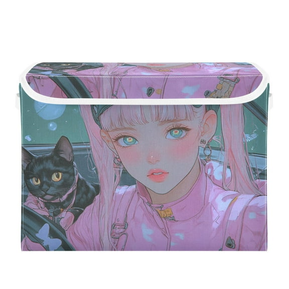 Anime Girl and Cat Large Storage Bins with Linen Collapsible Lid Storage Box 16.7 x 12.6 x 11.8in