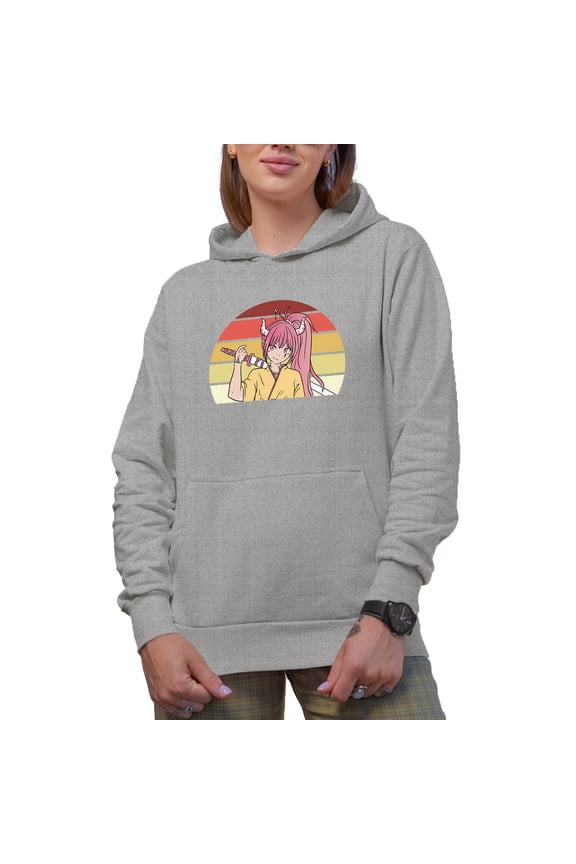 Anime Girl and Retro Half Circle, Heather Grey Hooded Sweatshirt or Hoodie, 3XL