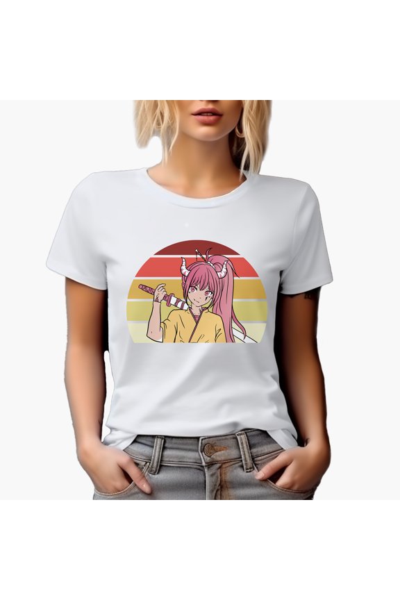 Anime Girl and Retro Half Circle, White T-Shirt, 2XL