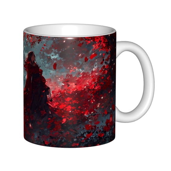 Anime Girl in Red Floral Forest 11oz White Ceramic Coffee Mug Japanese Art Tea Cup Gift for Friends Anime Lovers
