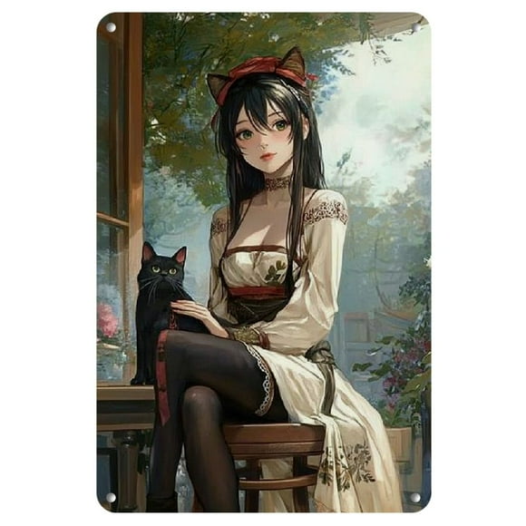 Anime Girl with Cat Illustration Iron Art Panel - 1pc, 8x12 Inch, Frameless, Durable Material for Artists & Crafters