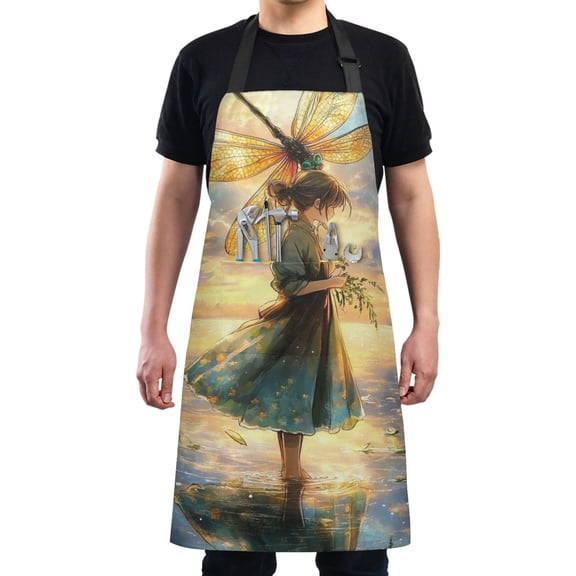 Anime Girl with Dragonfly Chef Kitchen Apron with Pockets for Women Waterproof Aprons for Cooking Baking