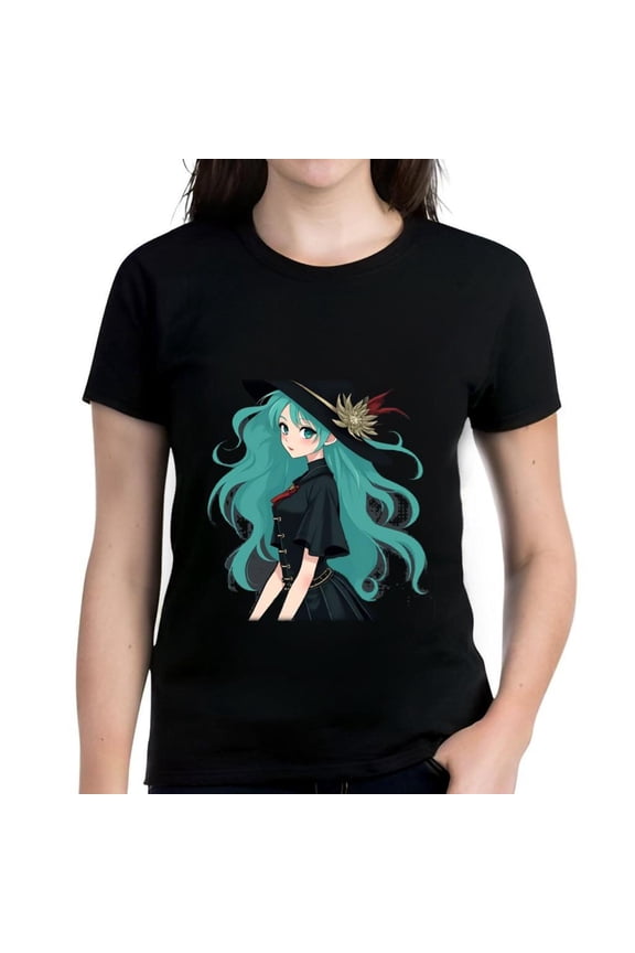 Anime Girl with Hair Graphic Cotton Short Sleeve T-Shirt for Women - Black Tee with Gentle Expression and Stylish Outfit
