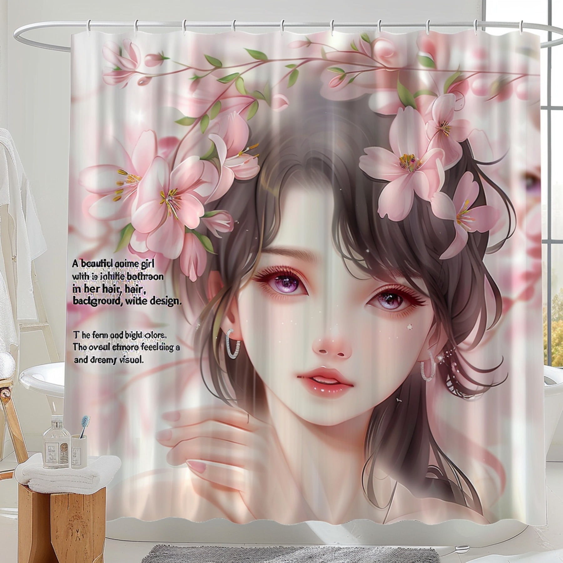 Anime Girl With Pink Flowers Shower Curtain Cartoon Style Design Bright Colors Dreamy Visual 7461