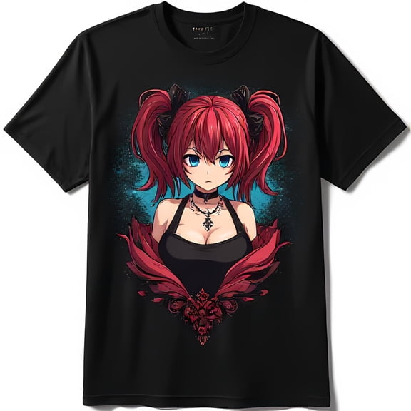 Anime Girl with Red Pigtails & Blue Eyes Black T-Shirt with Vibrant Design
