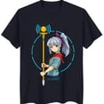 thumbnail image 1 of Anime Girl with Silver Hair & Staff Graphic Black T-Shirt for Fans, 1 of 5