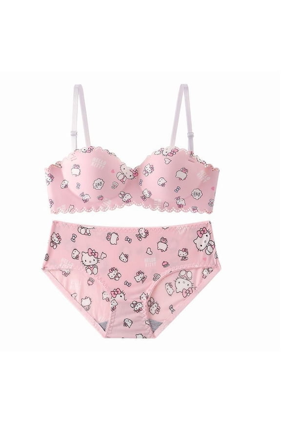 Anime Hello Kitty 2Pcs Women Underwear Set Kawaii Cartoon Cotton Small Breasts Bra Underpant Sweet fashion Gift