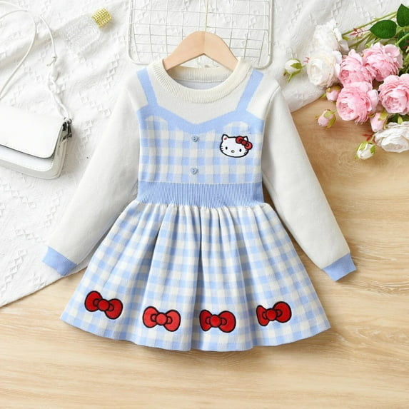 Anime HelloKittys Cartoon Dress for Girls Knitted Princess Dress Y2K Kawaii Autumn Cotton High Quality Party Dresses for Girls