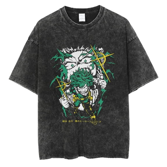 Anime Hero Deku Power Acid Wash Oversized Graphic Tee Unisex Cotton T-Shirt, Size S-3XL
