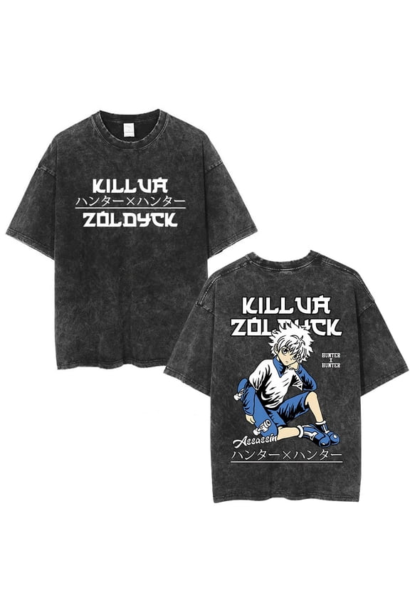 Anime Hunter X Hunter Logo Vintage Washed T Shirt Killua Gon Cherry Blossom Graphic T-shirt Men Fashion Casual Oversized Tshirt