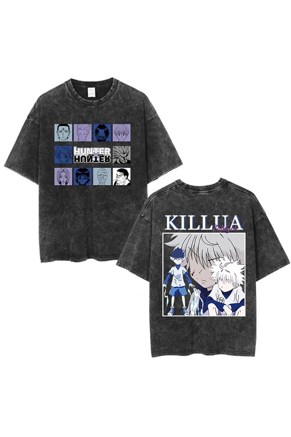 Anime Hunter X Hunter Logo Vintage Washed T Shirt Killua Gon Cherry Blossom Graphic T-shirt Men Fashion Casual Oversized Tshirt