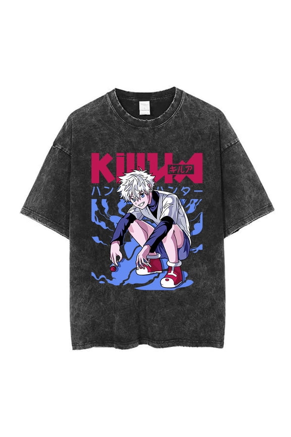 Anime Hunter X Hunter Logo Vintage Washed T Shirt Killua Gon Cherry Blossom Graphic T-shirt Men Fashion Casual Oversized Tshirt
