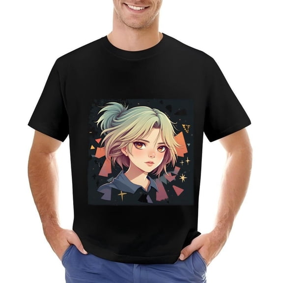 Anime-Inspired Black Cotton Short Sleeve T-Shirt for Men - Young Woman with Bun & Geometric Orange Design