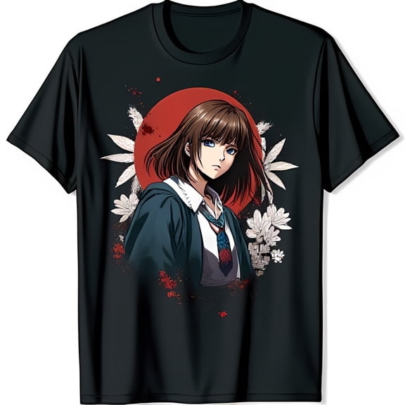 Anime Inspired Black T-Shirt with Edgy Graphic of Young Woman Surrounded by Flowers
