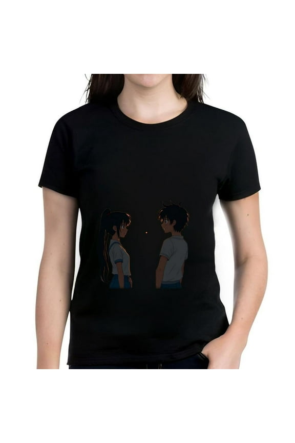 Anime-Inspired Cotton Short Sleeve T-Shirt for Women - Two Characters Facing Each Other in with Glowing Dot Design